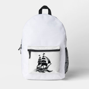 Shadow Sailing Ship – Vintage Ocean Illustration Printed Backpack