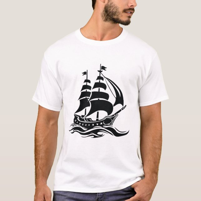 Shadow Sailing Ship – Vintage Ocean Illustration T-Shirt (Front)