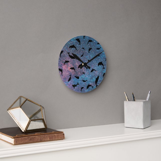 Shadow Shark fish on gradient space galaxy Round Clock (Office)