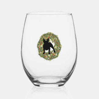 Shadow Silhouette French Bulldog in a Wreath Stemless Wine Glass