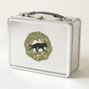 Shadow Silhouette German Shepherd Dog in a Wreath Metal Lunch Box