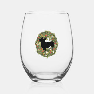 Shadow Silhouette Looking Up Corgi in a Wreath Stemless Wine Glass