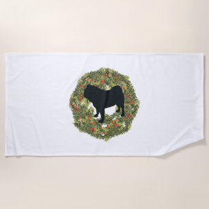 Shadow Silhouette Pug Dog in a Wreath Beach Towel