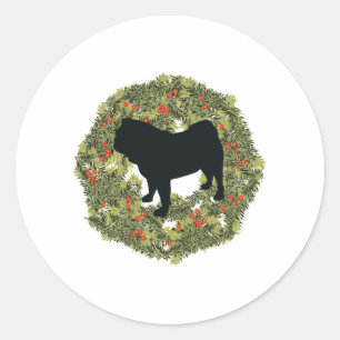Shadow Silhouette Pug Dog in a Wreath   Classic Round Sticker