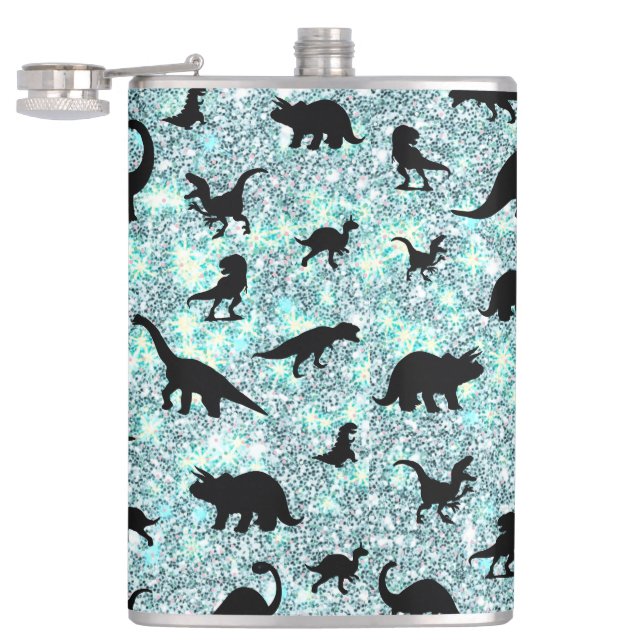 shadow T-rex dinosaur on gradient galaxy Hip Flask (Opened)
