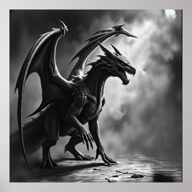Shadowborn Majesty: Dragon Charcoal Art Poster (Front)