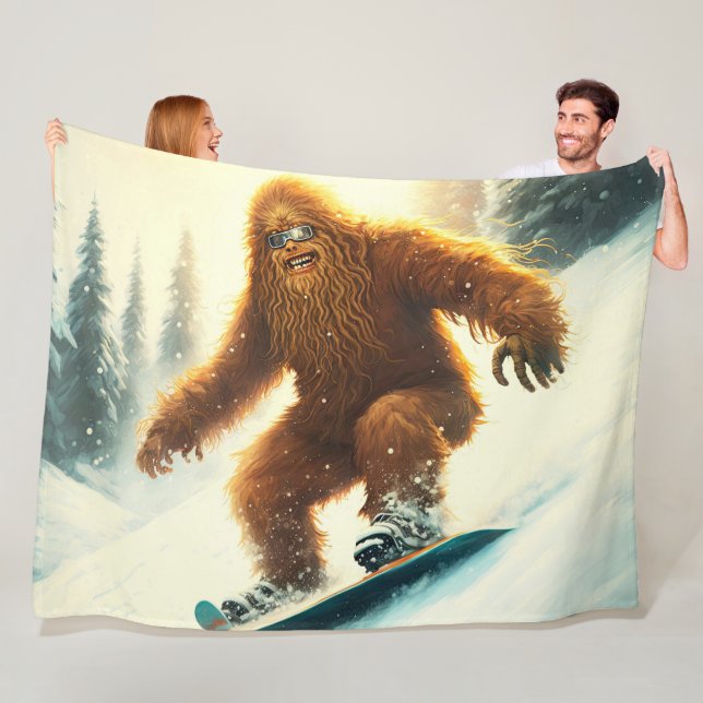 Shaggy Bigfoot Snowboarding AI Yeti Snowy Slope Fleece Blanket (In Situ)