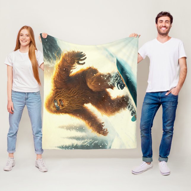 Shaggy Bigfoot Snowboarding AI Yeti Snowy Slope Fleece Blanket (In Situ)