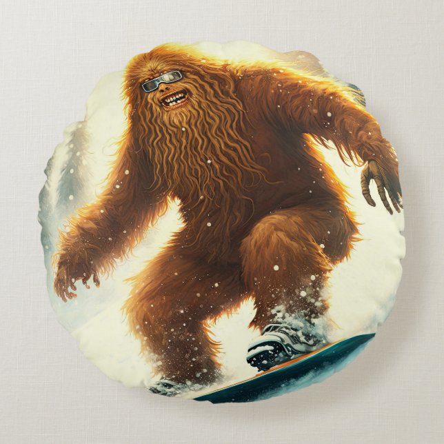 Shaggy Bigfoot Snowboarding AI Yeti Snowy Slope Round Cushion (Front)