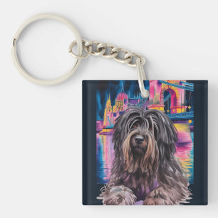 Shaggy Dog Portrait in Neon Budapest Cityscape Key Ring