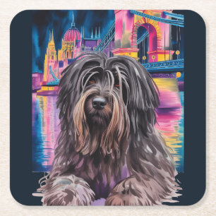 Shaggy Dog Portrait in Neon Budapest Cityscape Square Paper Coaster