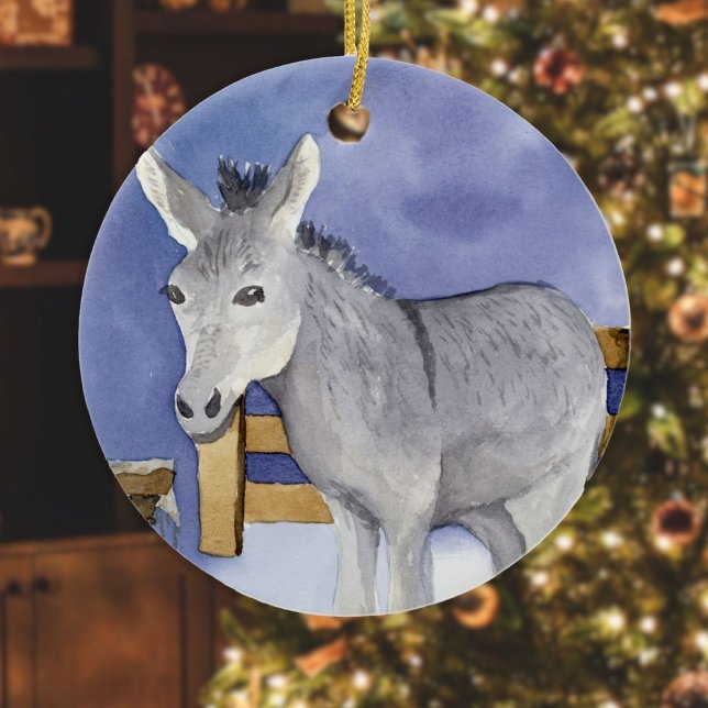 Shaggy Donkey (Friendly Beasts Series) Ceramic Ornament (Donkey Friendly Beast ornament hanging in front of a Christmas tree in a living room)