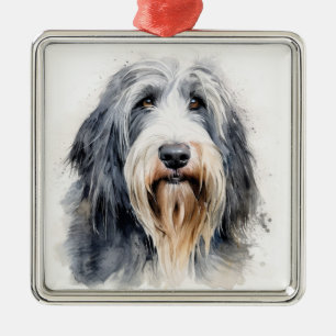 SHAGGY GRAY AND WHITE BEARDED COLLIE DOG METAL ORNAMENT