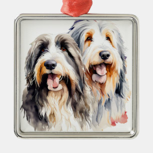 SHAGGY GRAY AND WHITE BEARDED COLLIE DOG METAL ORNAMENT