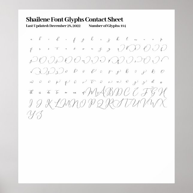 Shailene Font Glyphs Contact Sheet Poster (Front)