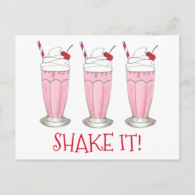 Shake It! Pink Strawberry Ice Cream Shop Milkshake Postcard (Front)