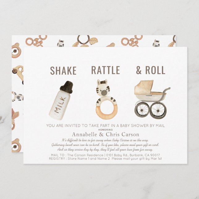 Shake Rattle & Roll Boho Baby Shower by Mail Invitation (Front/Back)