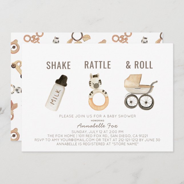 Shake Rattle & Roll Boho Watercolor Baby Shower Invitation (Front/Back)