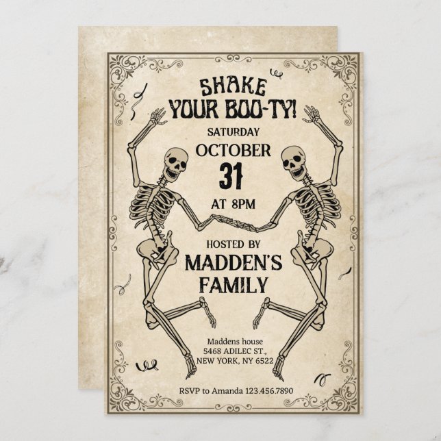 Shake Your Boo-ty Vintage skeletons Halloween Invitation (Front/Back)
