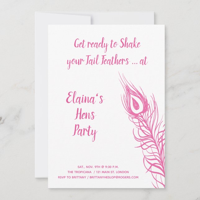 Shake your Tail Feathers Hens Party pink & white Invitation (Front)