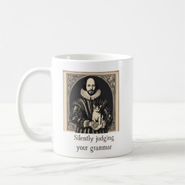 Shakespeare & Cat Silently Judging Grammar Coffee Mug (Left)