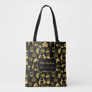 Shakespeare Pattern Gold on Black Tote Bag
