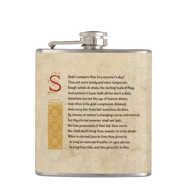 Shakespeare Sonnet 18 (XVIII) on Parchment Hip Flask (Front)