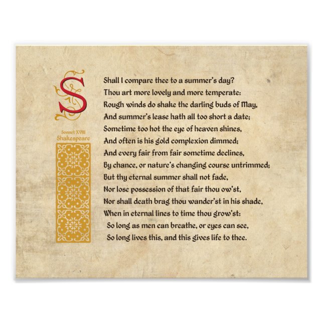 Shakespeare Sonnet 18 (XVIII) on Parchment Photo Print (Front)