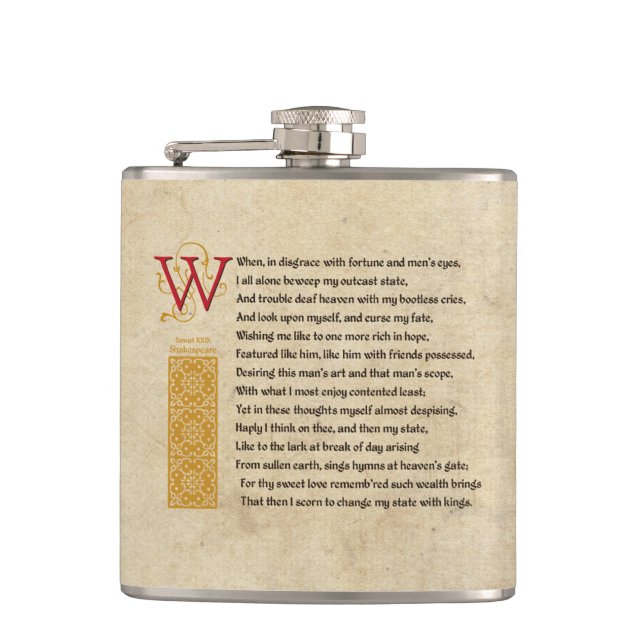 Shakespeare Sonnet 29 (XXIX) on Parchment Hip Flask (Front)