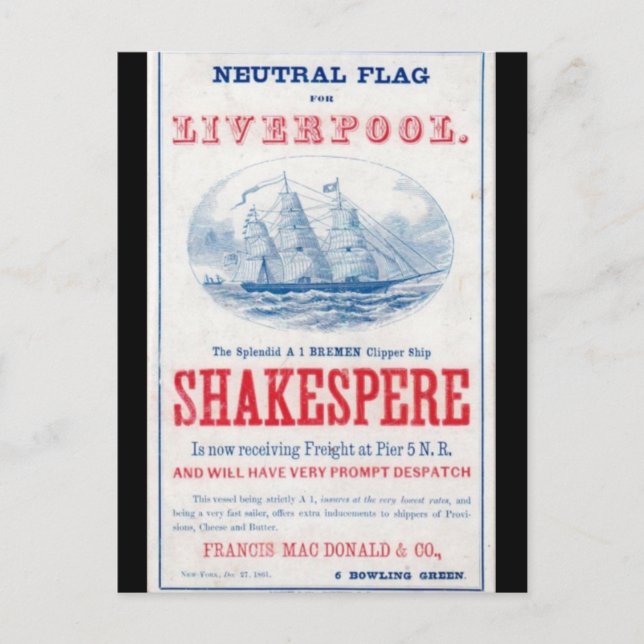 Shakespere Clipper sailing ship 1861 Postcard (Front)