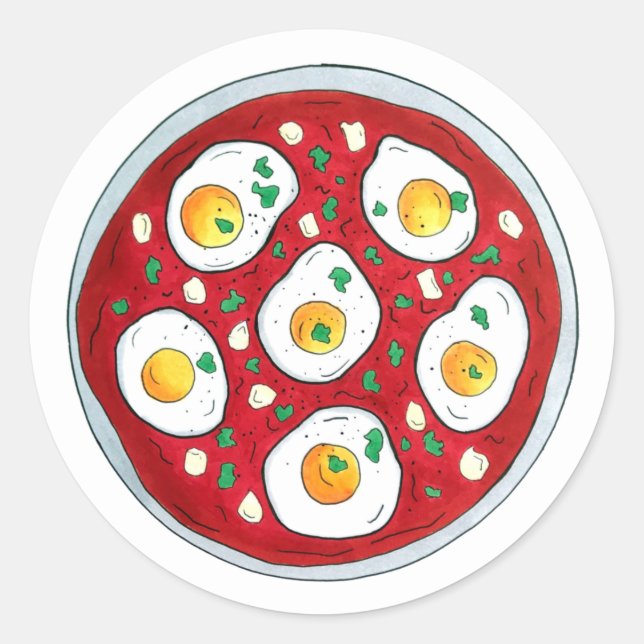 Shakshouka Shakshuka Spicy Poached Eggs Tomatoes Classic Round Sticker (Front)