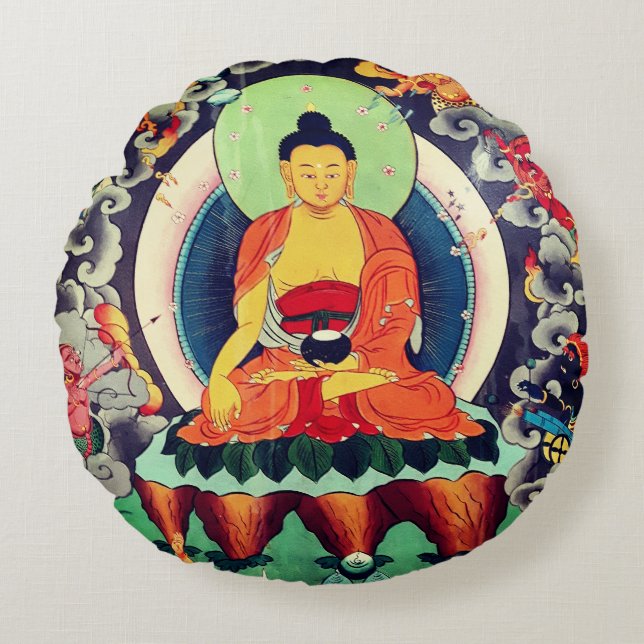 Shakyamuni Buddha painting, Himalayas - Nepal Round Cushion (Front)