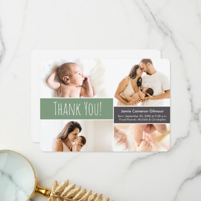Shale Green Welcome Home Baby boy Photo Collage  Thank You Card (Front/Back In Situ)