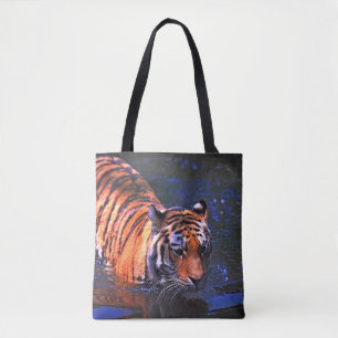 SHALLOW FOCUS PHOTOGRAPHY OF BROWN AND BLACK TIGER TOTE BAG