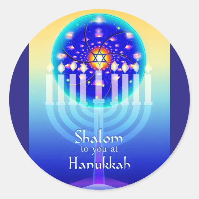 Shalom at Hanukkah Menorah Lights & Star of David. Classic Round Sticker (Front)