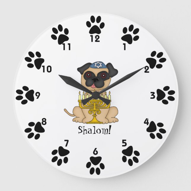 Shalom!-Cute Pug dog with Menorah Large Clock (Front)
