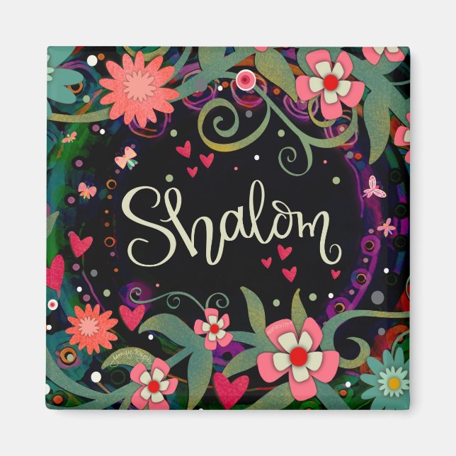 Shalom Fun Floral Hearts Black Inspirivity Magnet (Front)