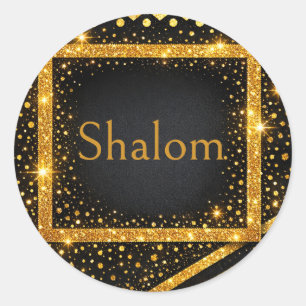 Shalom, Gold Black Polka Dots, Stripes Glitter Art Classic Round Sticker