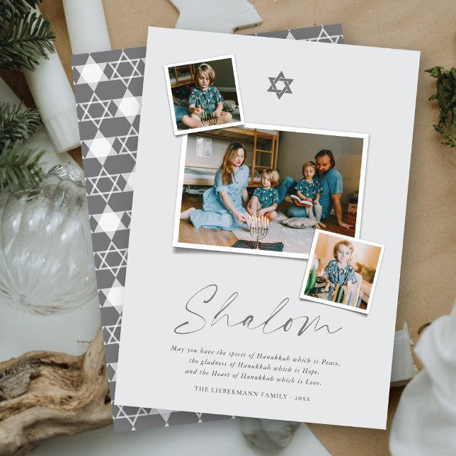 Shalom Grey Star Of David 3 Photo Simple Hanukkah Holiday Card (Creator Uploaded)