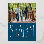 Shalom Hanukkah Holiday Photo Silver Foil Card<br><div class="desc">Real foil hand lettered "Shalom" with landscape photo on top. White area colour is customisable as well as the back side.  Choose your foil colour: gold,  silver or rose gold,  and backer colour. Add more photos to the back or write a message.</div>
