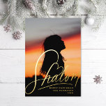Shalom Heart Hanukkah Holiday Photo Foil Card<br><div class="desc">Real foil hand lettering "Shalom" with heart detail,  over full bleed photo. Choose your foil colour: gold,  silver or rose gold,  and backer colour. Add more photos to the back or write a message.</div>