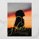 Shalom Heart Hanukkah Holiday Photo Foil Card<br><div class="desc">Real foil hand lettering "Shalom" with heart detail,  over full bleed photo. Choose your foil colour: gold,  silver or rose gold,  and backer colour. Add more photos to the back or write a message.</div>