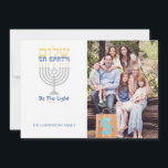 Shalom Peace on Earth Hanukkah<br><div class="desc">Be the light! Send this card to friends and family this holiday, and warm their spirits with light. Silver menorah with blue and gold text of Shalom (in Hebrew) on Earth. Easy to customise with your name and photo. Easy to customise with text, fonts, and colours. Created by Zazzle pro...</div>