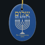 Shalom Peace on Earth Hanukkah Holiday Photo Ceramic Ornament<br><div class="desc">Shalom Peace on Earth Hanukkah Holiday Photo Ornament - the perfect complement for your interfaith family! Festive Hanukkah blue with an elegant silver menorah and gold Hebrew Shalom - Peace on Earth! Easy to customise with text, fonts, and colours. Created by Zazzle pro designer BK Thompson exclusively for Kate’s Creations;...</div>