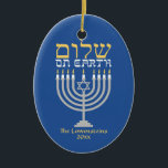 Shalom Peace on Earth Hanukkah Holiday Photo Ceramic Ornament<br><div class="desc">Shalom Peace on Earth Hanukkah Holiday Photo Ornament - the perfect complement for your interfaith family! Festive Hanukkah blue with an elegant silver menorah and gold Hebrew Shalom - Peace on Earth! Easy to customise with text, fonts, and colours. Created by Zazzle pro designer BK Thompson exclusively for Kate’s Creations;...</div>