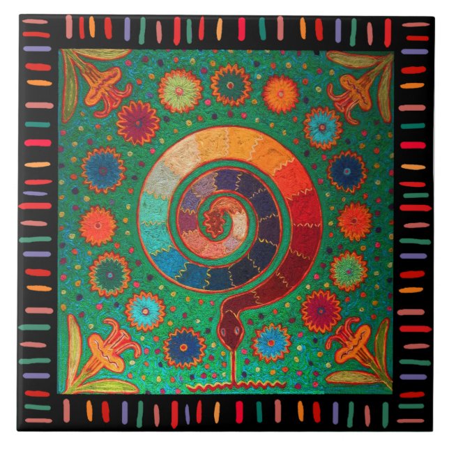 Shaman Huichol Celestial Serpent Ceramic Tile (Front)