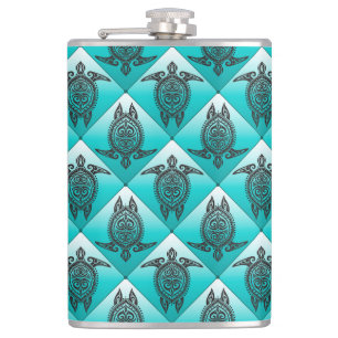 Shamanic Sea Turtles Pattern - cyan Hip Flask