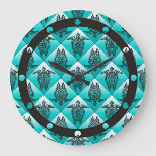 Shamanic Sea Turtles Pattern - cyan Large Clock