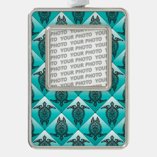 Shamanic Sea Turtles Pattern - cyan Silver Plated Framed Ornament (Front)