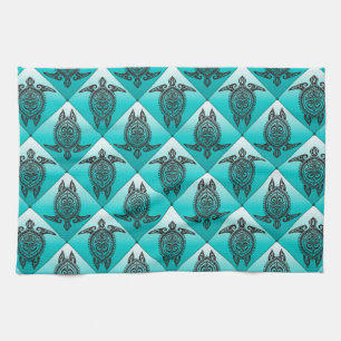 Shamanic Sea Turtles Pattern - cyan Tea Towel